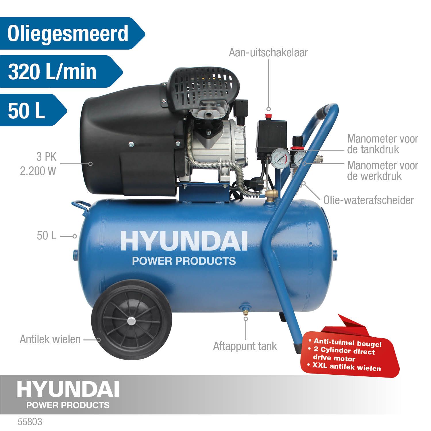 Hyundai compressor 50 L 8 bar 3 pk