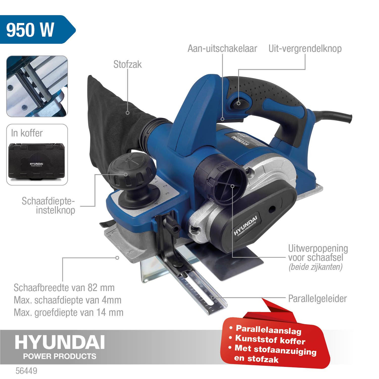 Hyundai elektrische schaaf 950 W - 82 x 4 mm