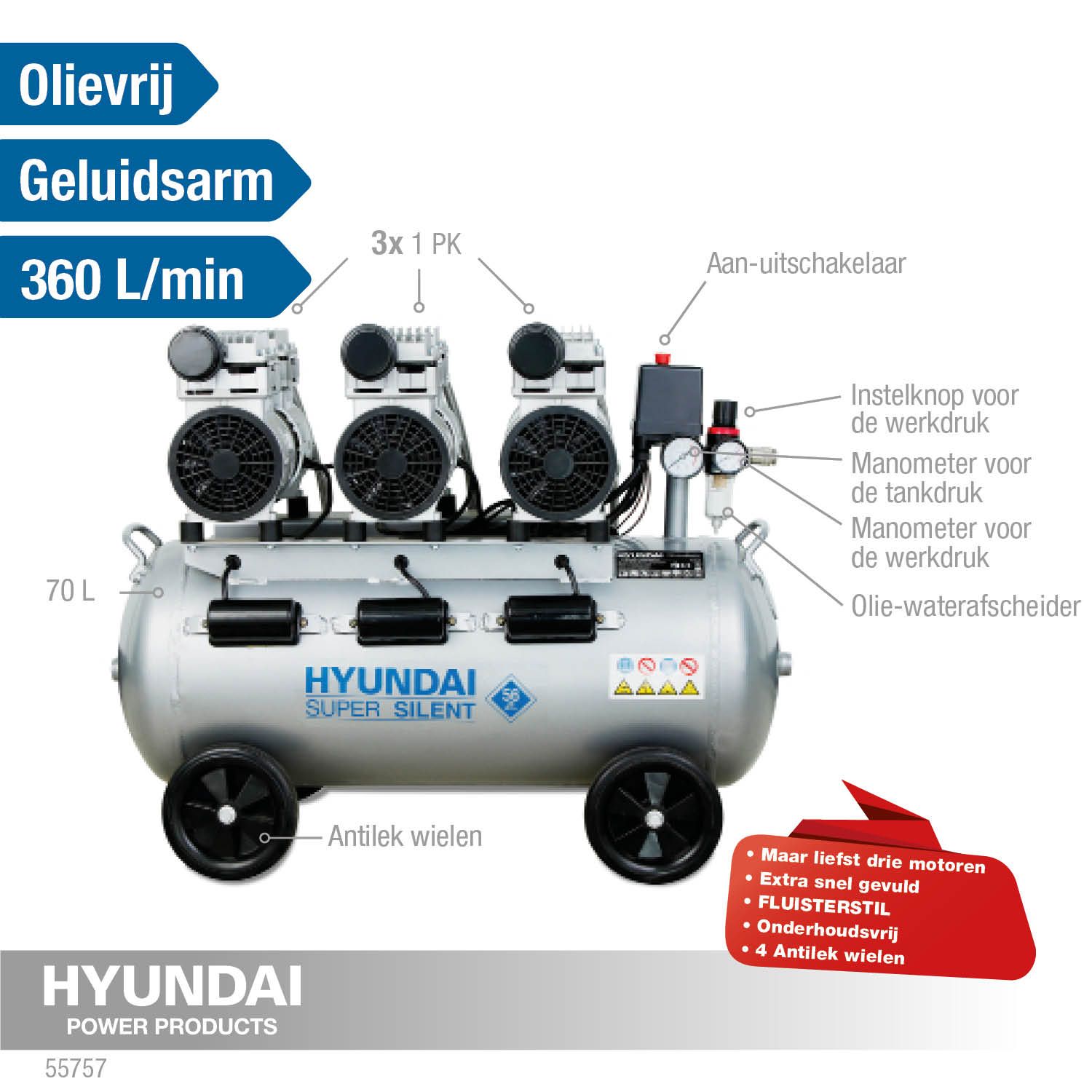 Hyundai stille compressor 70L 8 bar