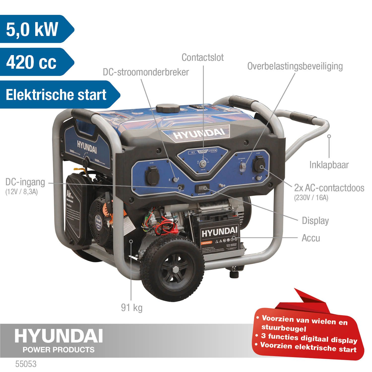 Hyundai Generator 5.5kW 15PK - Elektrische start