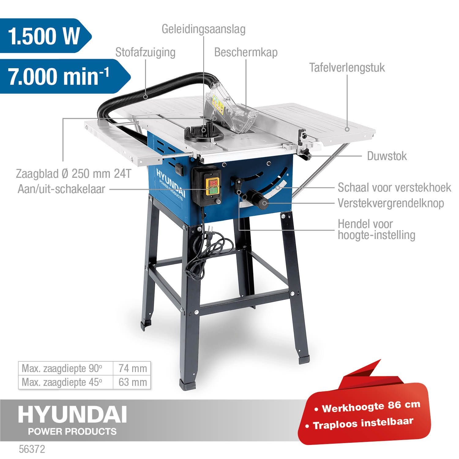 Hyundai zaagtafel 1500 W - 250 mm - 24 T