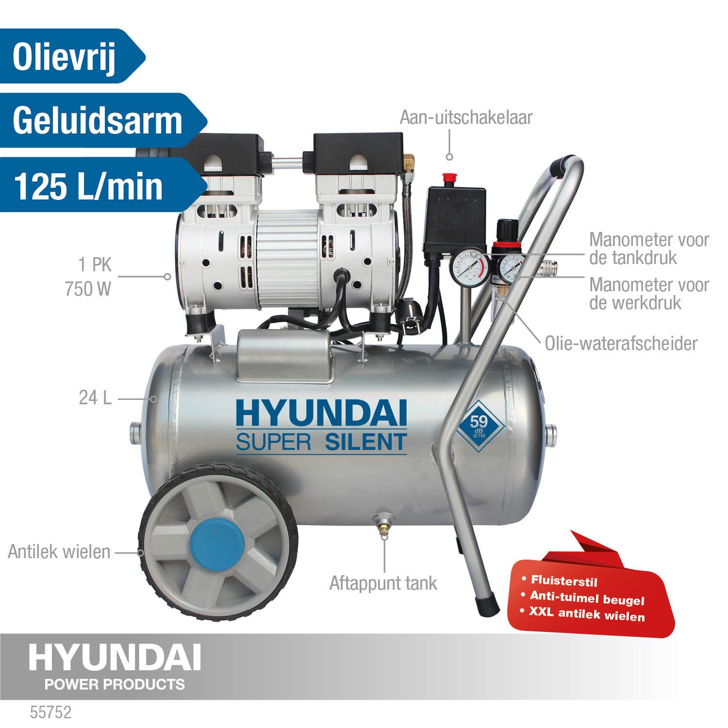 Hyundai stille compressor 24L 8 bar