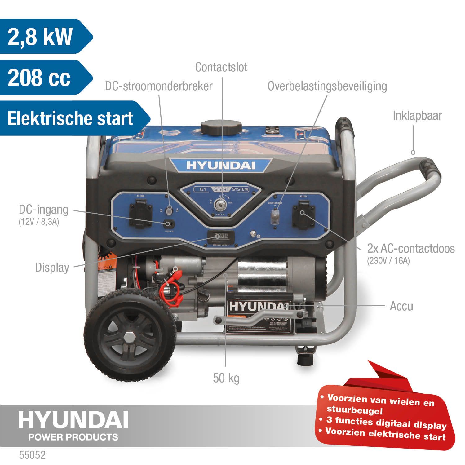 Hyundai generator 3kW - 7PK - Elektrische start