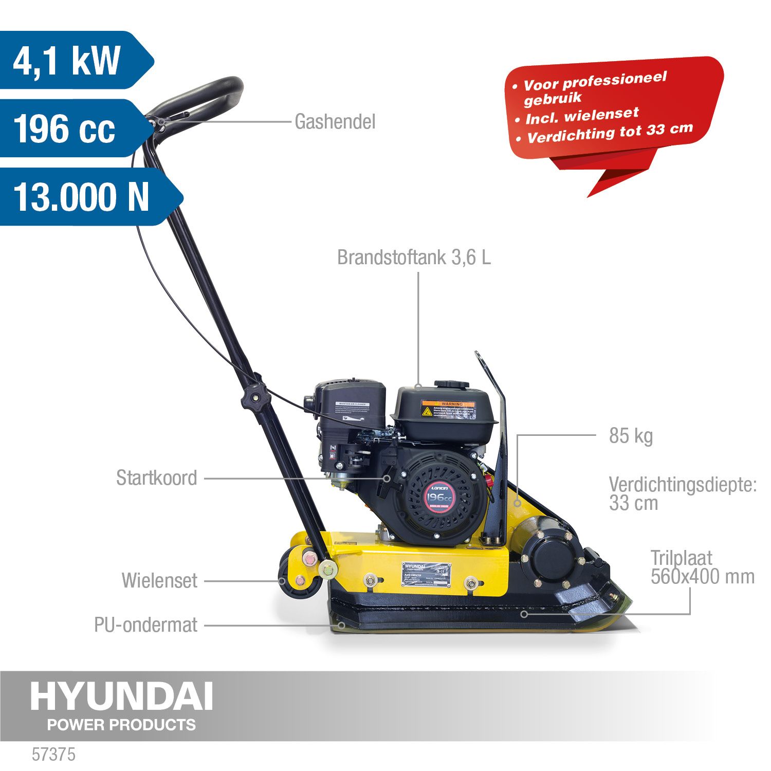 Hyundai trilplaat 85kg 6,5pk 196cc