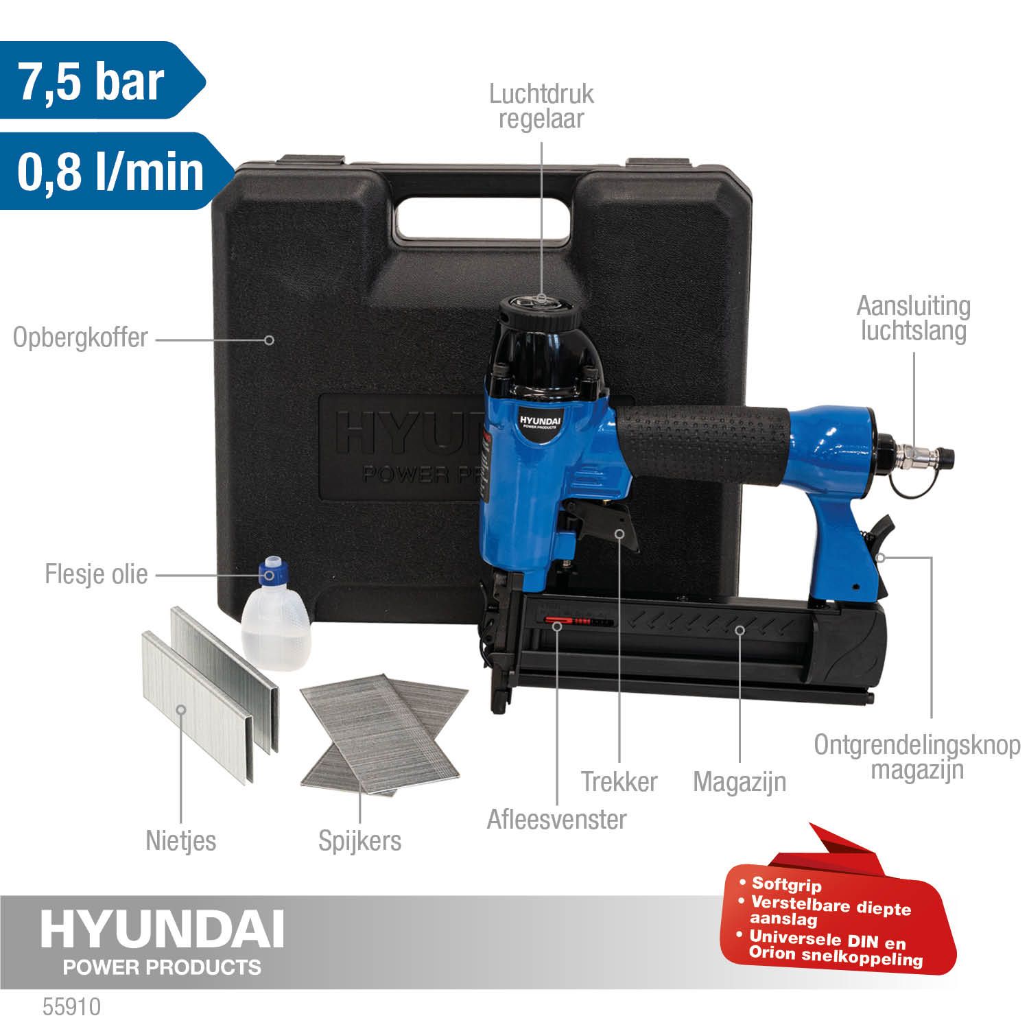 Hyundai 2-in-1 pneumatische tacker 55910